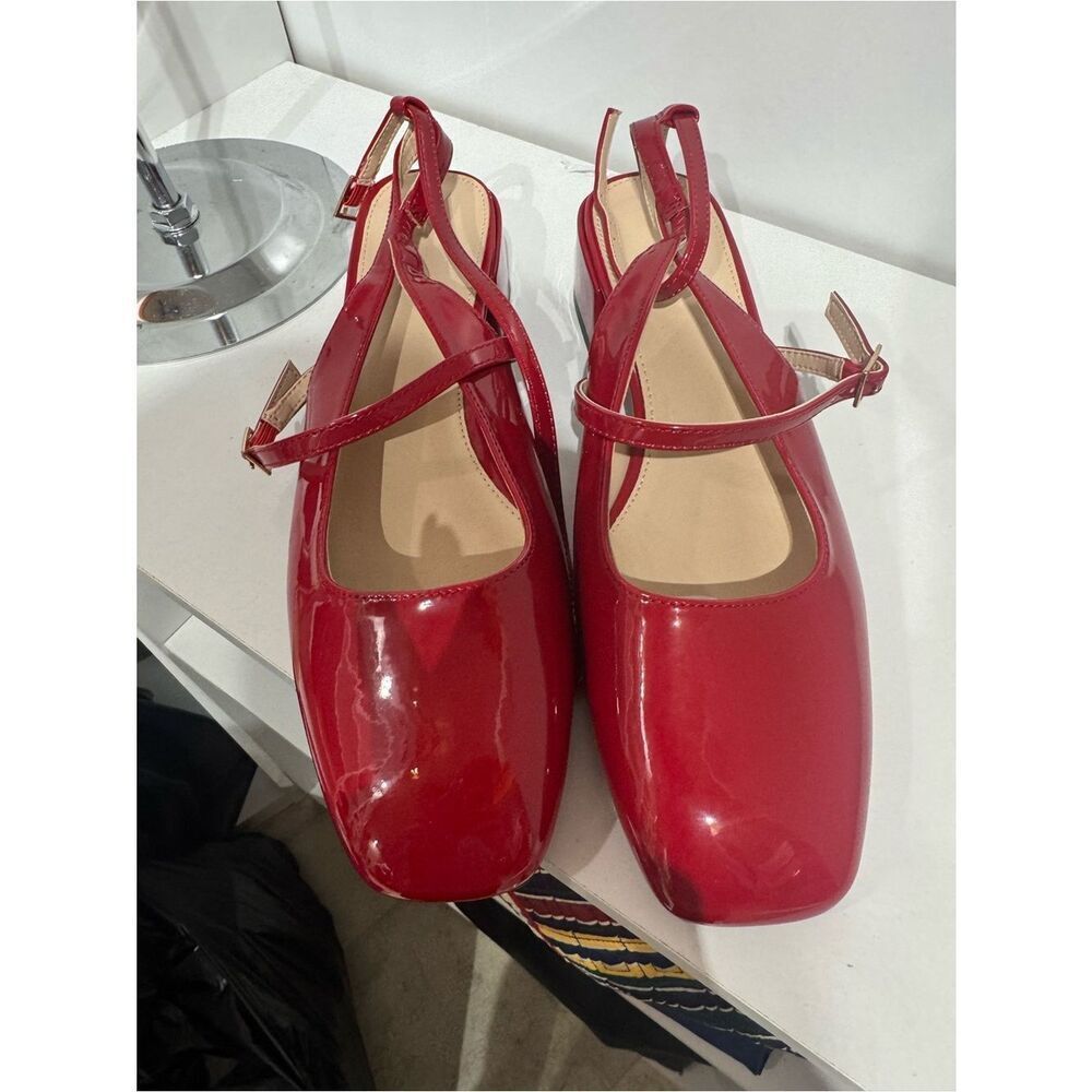 Women's Red Patent Slingback Square-Toe Heels